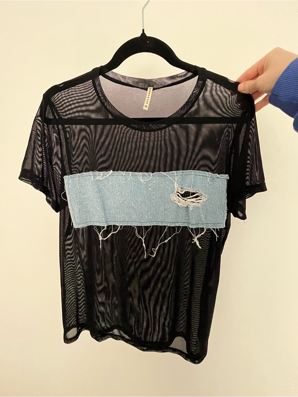 Emma & Sam: Black Sheer Mesh Tee with Light Blue Distressed Denim Panel